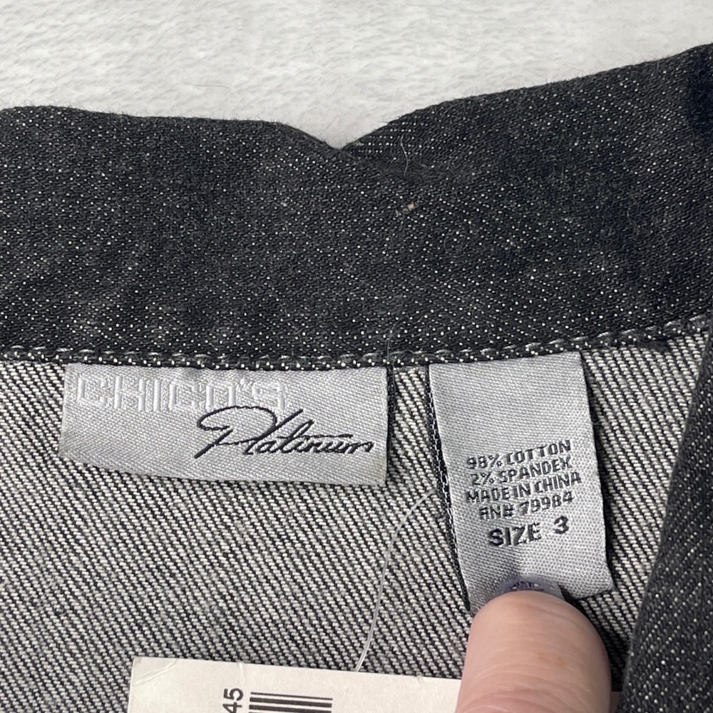 Chico's Platinum Marquis Black Denim Jacket Size 3 NWT Faded Stretch Trucker - Picture 3 of 8